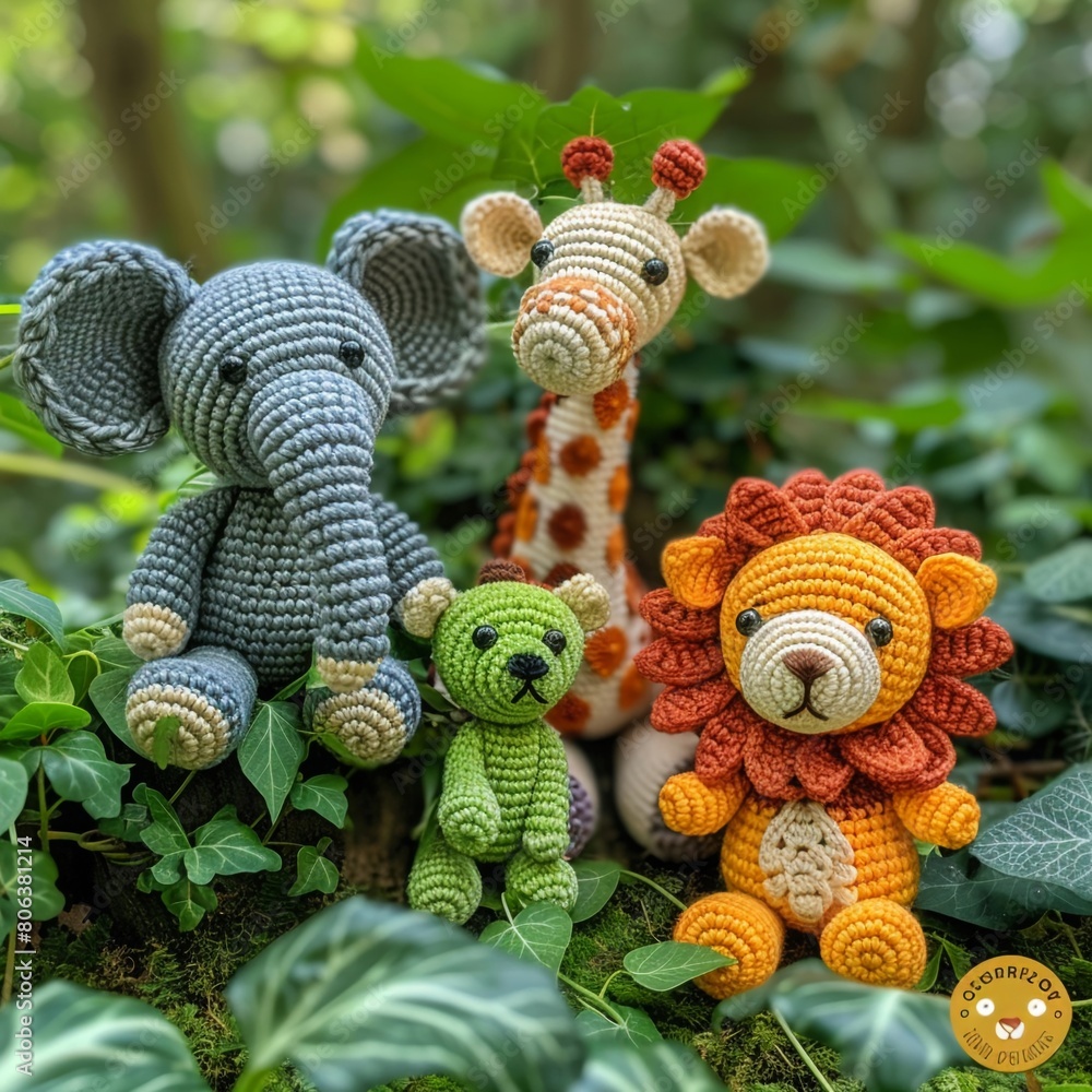 Playful set of crochet amigurumi animals, elephant, giraffe, lion, in a lush green jungle setting, vibrant colors