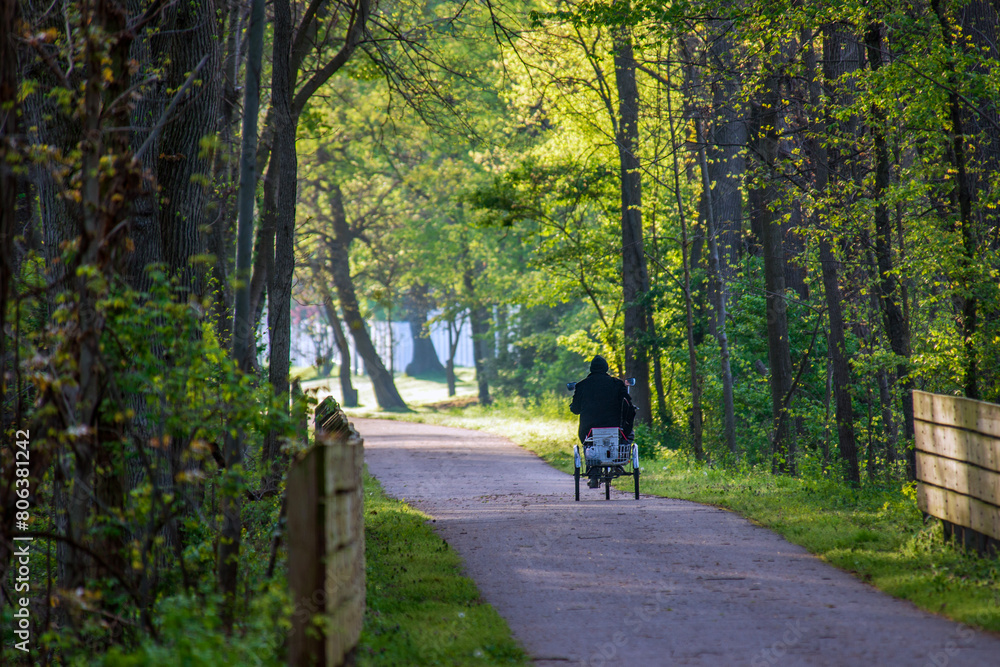 A man rides his bicycle down a path in early morning.