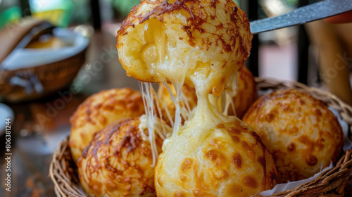 Delicious colombian buñuelos with melted cheese, a traditional street food, served hot and fresh in a local culinary setting photo
