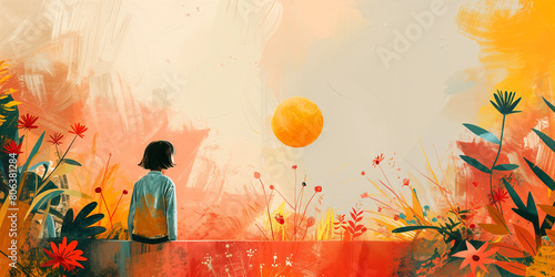  Imagination template artwork. Abstract Background backdrop illustration with plenty of space for text. Girl with black hair. Childhood, imagination, creativity, growth, education, learning, colorful