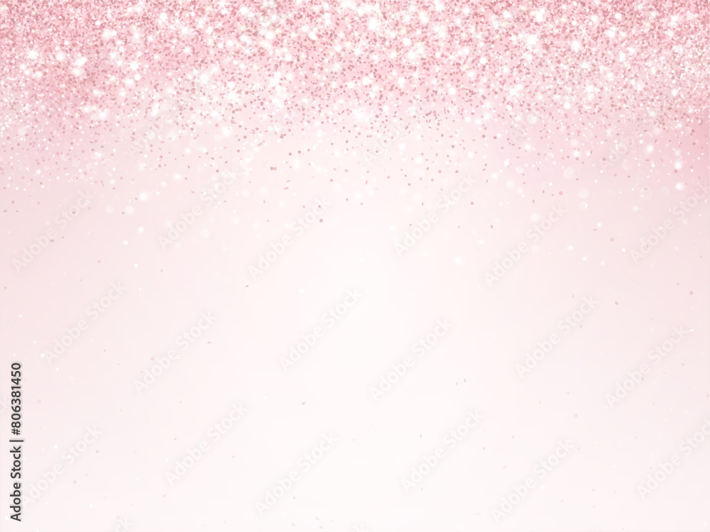 Pink glitter lights background. Sparkling glittering rain effect. Celebration backdrop for mother's day, Valentine, wedding, birthday party. Luxury frame, border. Vector.