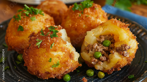 Delicious colombian-style stuffed potatoes with minced meat and peas, garnished with fresh parsley on a wooden surface