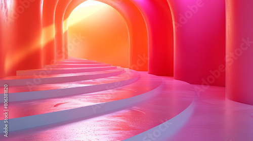 A long, narrow pink tunnel with white steps leading down