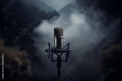 A professional-grade microphone stands in front of a lush jungle backdrop photo