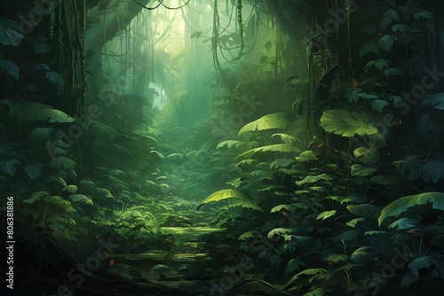 The lush green foliage of the jungle creates a dense and vibrant environment.Sunlight filters through the thick canopy, casting a dappled pattern on the forest floor. © Watercolorbackground