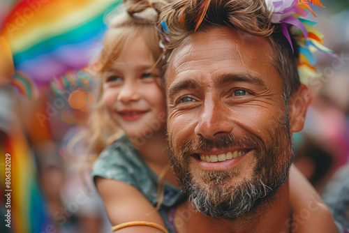 Father Carrying Daughter in Gay Pride Parade
