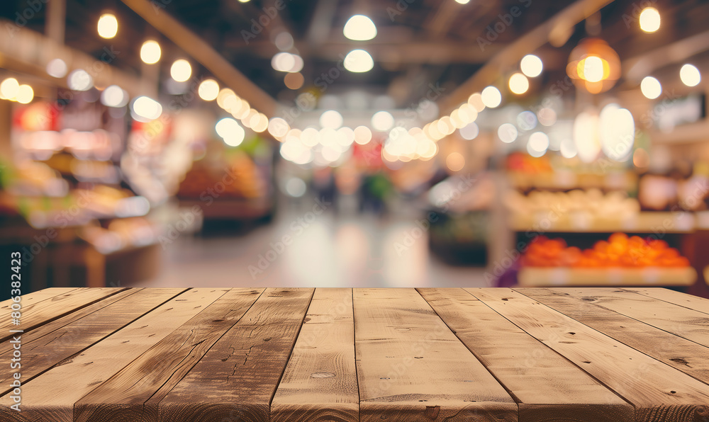 Empty wooden table top with blurred background of a bustling market or grocery store for product display montage, with copy space, in the style of blurred background. Empty wooden table top with blurred background of a bustling market or grocery store for product display montage, with copy space, in the style of blurred background.