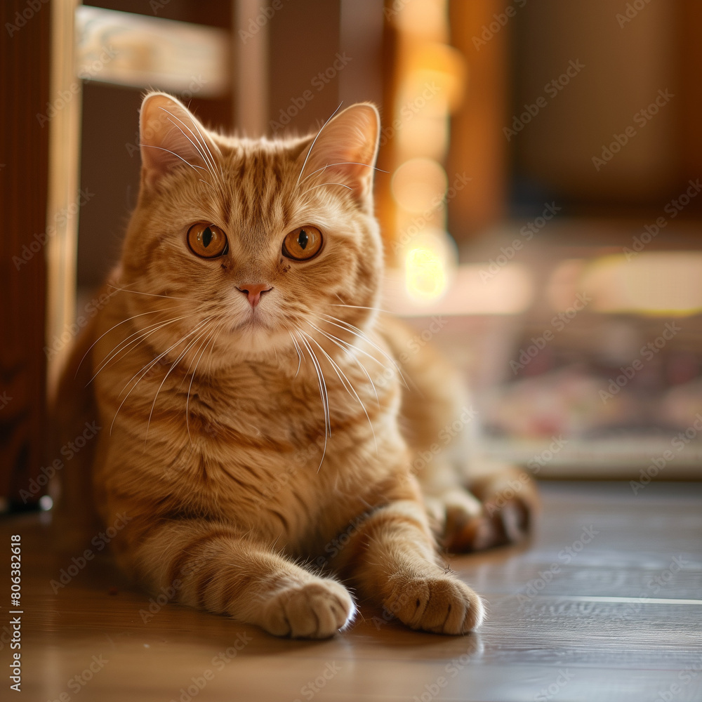 Non pedigree ginger orange pet cat looking into camera at home, waiting to be fed, warm atmosphere, sunshine