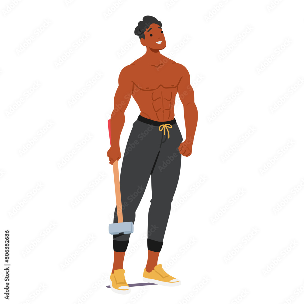 Smiling Bodybuilder Character Holds A Sledgehammer, Radiating Confidence With His Sculpted Abs And Muscular Arms Smiling Bodybuilder Character Holds A Sledgehammer, Radiating Confidence With His Sculpted Abs And Muscular Arms