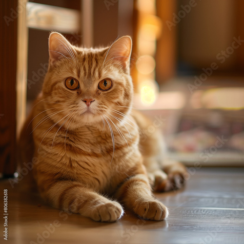 Non pedigree pet cat looking into camera in a home, waiting to be fed, warm atmosphere. 