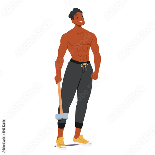 Smiling Bodybuilder Character Holds A Sledgehammer, Radiating Confidence With His Sculpted Abs And Muscular Arms