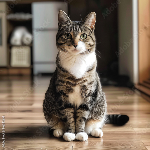 Non pedigree pet cat looking into camera in a home, waiting to be fed, warm atmosphere.  photo