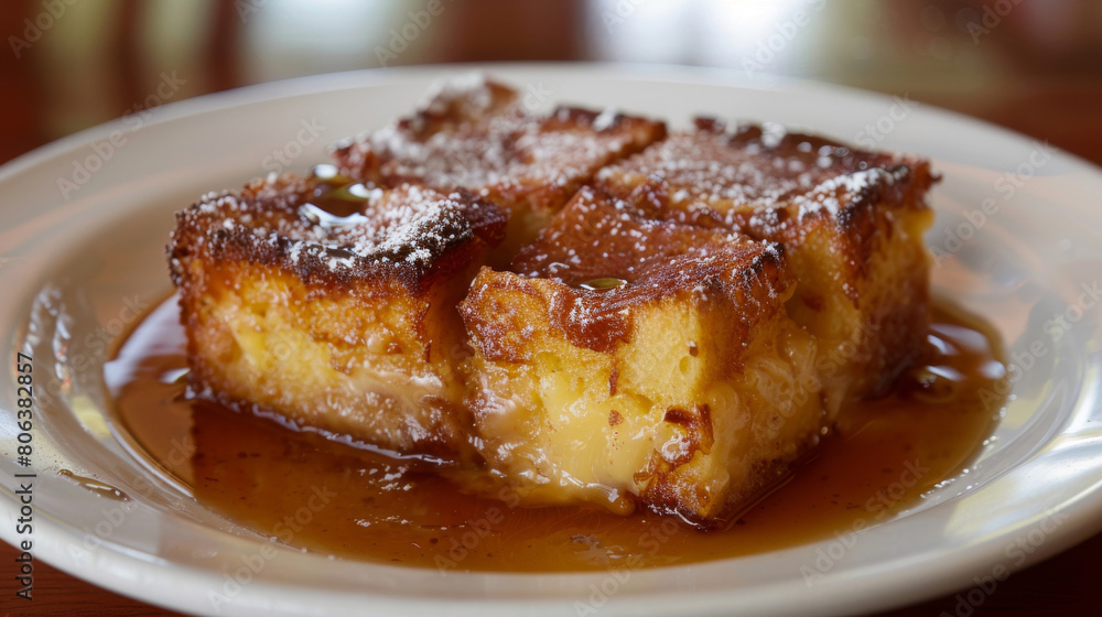 Delicious colombian cassava pudding topped with golden syrup, presented on a white plate, highlighting authentic latin american dessert cuisine Delicious colombian cassava pudding topped with golden syrup, presented on a white plate, highlighting authentic latin american dessert cuisine