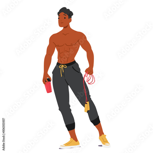 Muscular, Athletic Man With A Toned Physique. Shirtless Male Character Wearing Black Athletic Pants And Yellow Sneakers