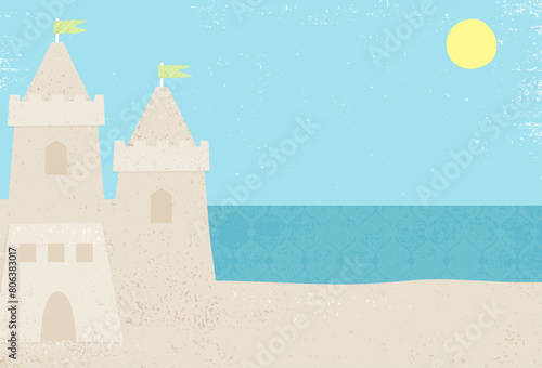 A sand castle on the beach, in a cut paper style with textures
