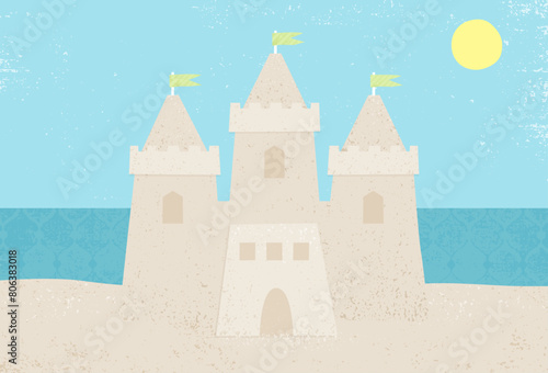A sand castle on the beach, in a cut paper style with textures
