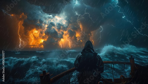 A man stands on the deck of a ship during a raging storm photo