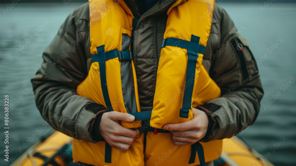 A person wearing a yellow life jacket view of torso