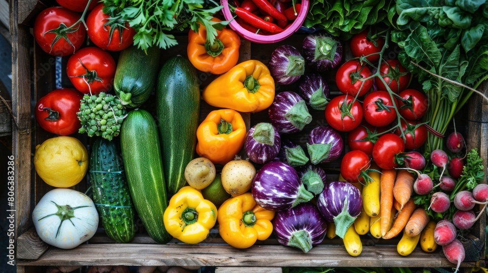 Colorful Display: A close-up of the wooden box filled with a variety of colorful vegetables, highlighting their freshness, diversity, and nutritional benefits. Generative AI