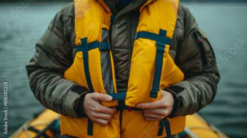 Obraz na płótnie A person wearing a yellow life jacket view of torso w salonie