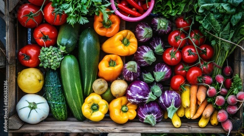 Colorful Display  A close-up of the wooden box filled with a variety of colorful vegetables  highlighting their freshness  diversity  and nutritional benefits. Generative AI