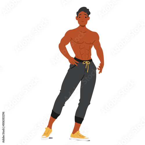 Man Bodybuilder With Muscular Physique And Defined Abs, Wearing Black Athletic Pants And Yellow Sneakers