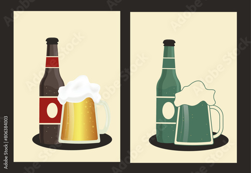 Mug and beer bottle. Alcohol and drink. vintage style. illustration for web, invitation to beer party. Retro poster with beer. beverage theme- Stock vector
