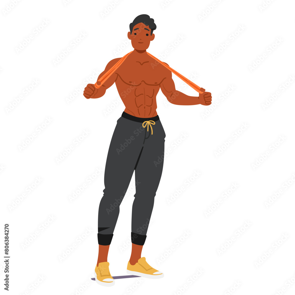 Focused Bodybuilder Exercises With A Resistance Band, His Muscles Tensed In Concentration, Vector Illustration Focused Bodybuilder Exercises With A Resistance Band, His Muscles Tensed In Concentration, Vector Illustration