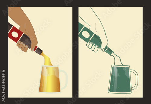 hand pouring beer into a mug. Alcohol and drink. vintage style. illustration for web, flyer, marketing. Retro poster with hand and beer. Beverage theme - Stock vector