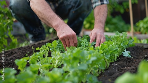 Home Gardening  A person tending to their own vegetable garden at home  showcasing the trend of growing organic produce in backyard gardens and promoting self-sufficiency in food production. 