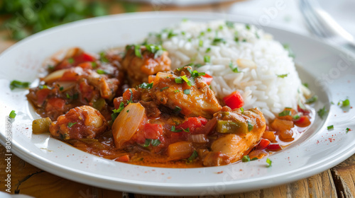 Authentic colombian stew with tender chicken, tomatoes, onions, and bell peppers, served alongside white rice on a wooden table