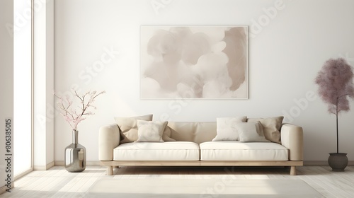 Elegant beige Sofa in a light Room. Blank Wall for Mockup Templates