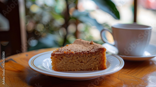 Delicious colombian coffee cake slice presented on a white plate with a hot cup of coffee in the background