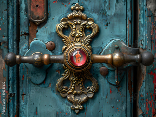 Close-up of an ornate door lock with a keyhole set against a weathered teal door, exemplifying antique security