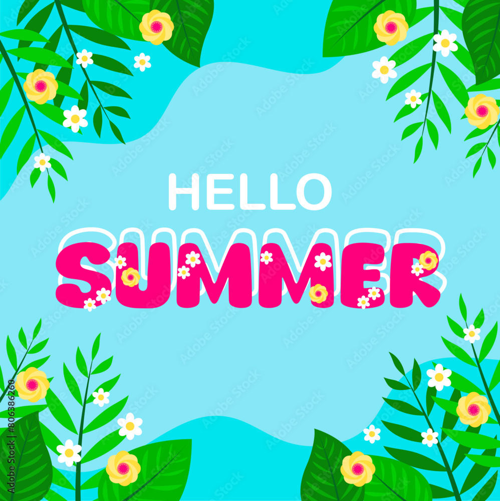 colorful hello summer banner background with flowers and leaves