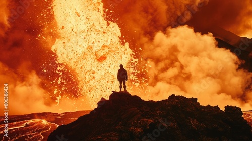 “Indomitable Spirit Amidst Fiery Volcanic Landscape”
