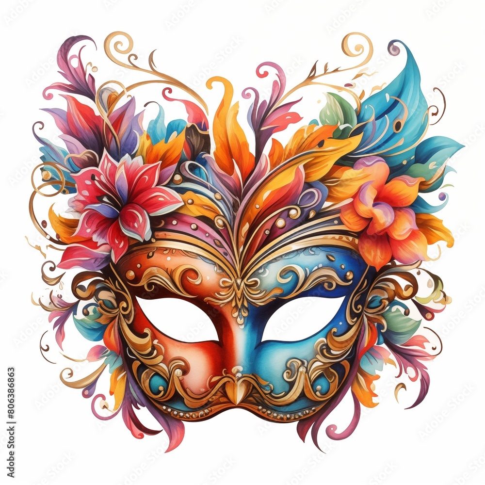 Carnival mask. Carnival mask of Venice clipart. Watercolor illustration. Generative AI. Detailed illustration.
