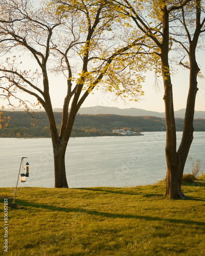 Trees on a hill and view of the Hudson River in Rhinecliff, near Rhinebeck, New York