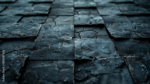 The image is a close up of a black and grey stone floor with a lot of cracks