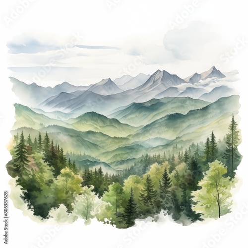 Carpathian mountains. Mountain landscape clipart. Watercolor illustration. Generative AI. Detailed illustration.