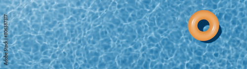 Summer banner with copy space. Swimming pool top view. Yellow swimming ring in the empty clear pool.