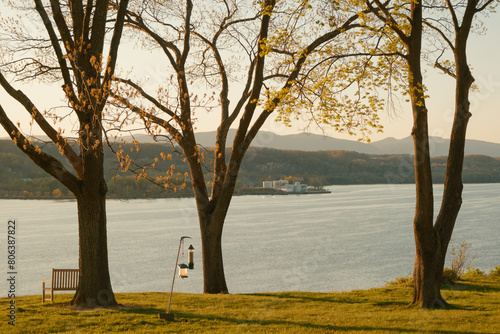 Trees on a hill and view of the Hudson River in Rhinecliff, near Rhinebeck, New York