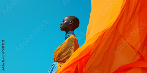 an orange dressed black woman in front of blue backdrop photo