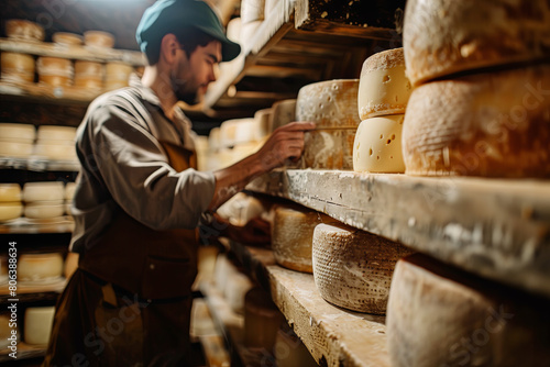 male, man cheese maker businessman, individual entrepreneur, checks cheese in cellar, basement
 photo