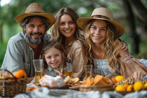 family, leisure concept. happy family have a picnic in the park, featuring delectable snacks, refreshing drinks, and leisurely outdoor experiences