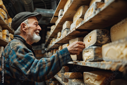 male, man cheese maker businessman, individual entrepreneur, checks cheese in cellar, basement
 photo