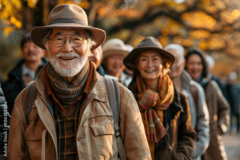 A group of cheerful seniors enjoying a leisure walk in a sunlit park. AI generated.