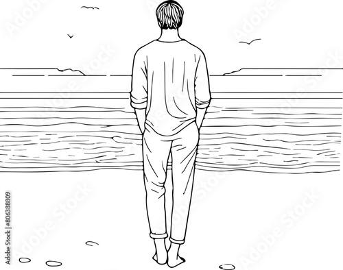 Homme de dos face a la mer - Dessin au trait line art, vecteur noir avec contour isolé fond transparent. Style minimaliste, peut convenir a page de livre de coloriage, journal, agenda, cahier.