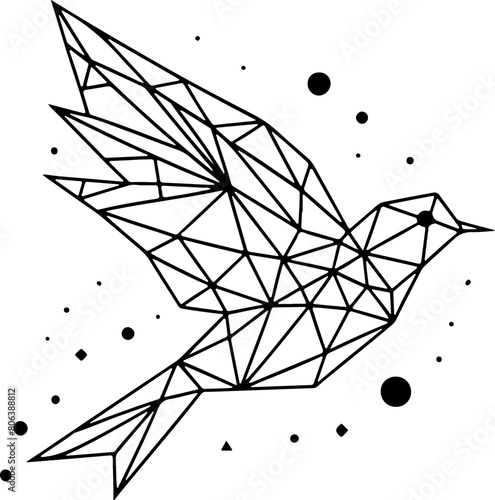 Oiseau géométrique en vol  - Dessin au trait line art, vecteur noir avec contour isolé fond transparent. Style minimaliste, peut convenir a page de livre de coloriage, journal, agenda, cahier.