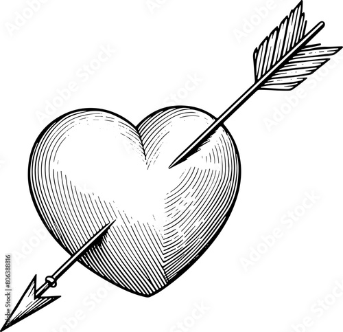 coeur et flèche - Dessin au trait line art, vecteur noir avec contour isolé fond transparent. Style minimaliste, peut convenir a page de livre de coloriage, journal, agenda, cahier.